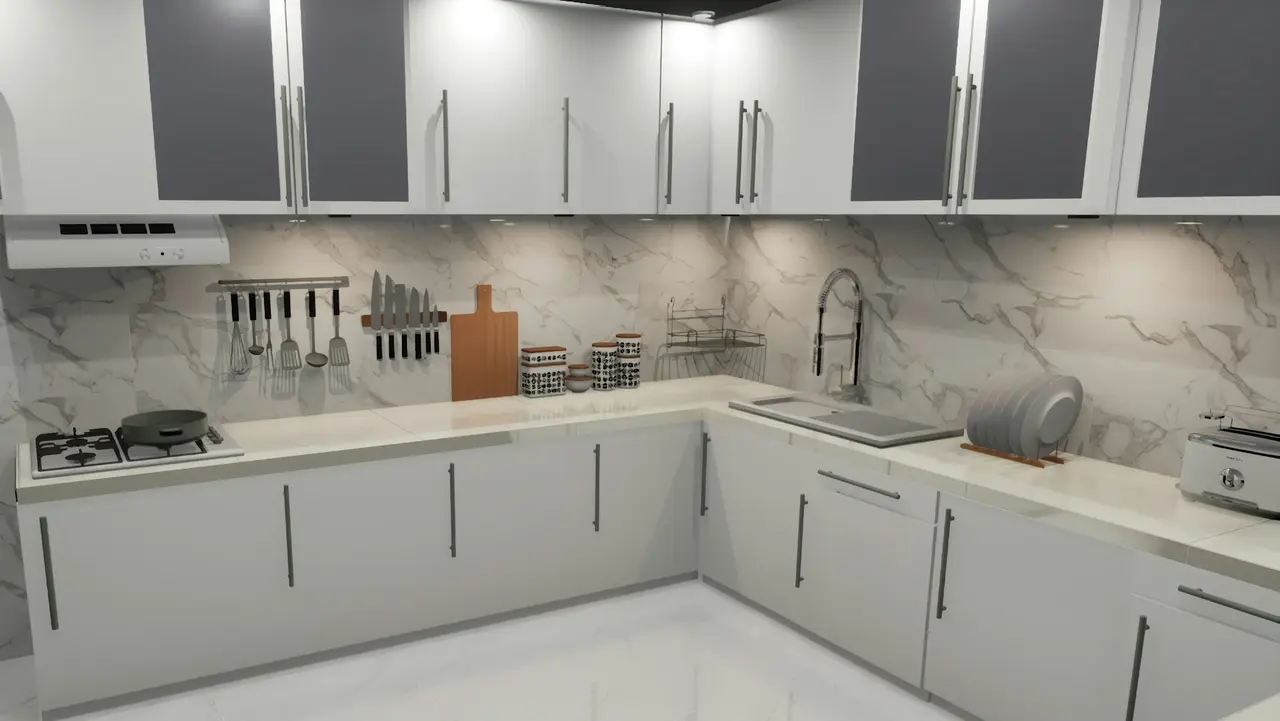 Cozinha em L com bancada e revestimento de parede em pedra clara